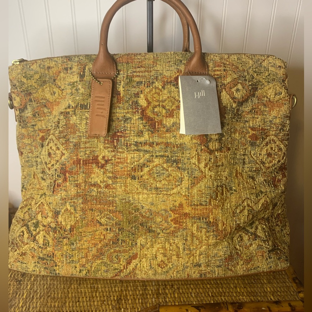 J. Jill Tapestry Weekender Bag Natural ML Boho Carpet Duffle Travel Satchel NWT